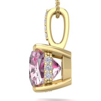 Pink Gemstones 1 1/5 Carat Cushion Cut Pink Topaz and Hidden Halo Diamond Necklace In 14 Karat Yellow Gold, 18 Inches