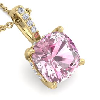 Pink Gemstones 1 1/5 Carat Cushion Cut Pink Topaz and Hidden Halo Diamond Necklace In 14 Karat Yellow Gold, 18 Inches