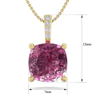 Pink Gemstones 1 1/5 Carat Cushion Cut Pink Topaz and Hidden Halo Diamond Necklace In 14 Karat Yellow Gold, 18 Inches