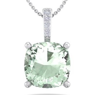 1 Carat Cushion Cut Green Amethyst and Hidden Halo Diamond Necklace In 14 Karat White Gold, 18 Inches