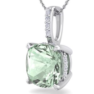 1 Carat Cushion Cut Green Amethyst and Hidden Halo Diamond Necklace In 14 Karat White Gold, 18 Inches