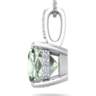 1 Carat Cushion Cut Green Amethyst and Hidden Halo Diamond Necklace In 14 Karat White Gold, 18 Inches
