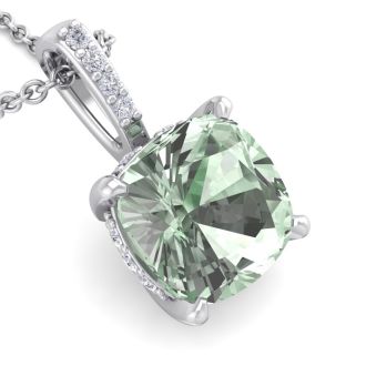 1 Carat Cushion Cut Green Amethyst and Hidden Halo Diamond Necklace In 14 Karat White Gold, 18 Inches