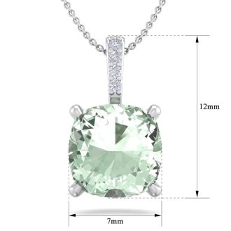 1 Carat Cushion Cut Green Amethyst and Hidden Halo Diamond Necklace In 14 Karat White Gold, 18 Inches