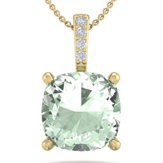 1 Carat Cushion Cut Green Amethyst and Hidden Halo Diamond Necklace In 14 Karat Yellow Gold, 18 Inches