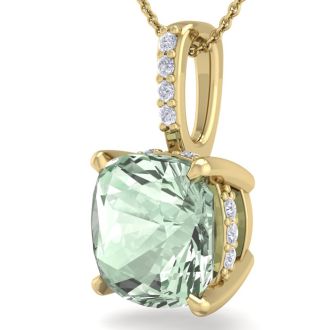 1 Carat Cushion Cut Green Amethyst and Hidden Halo Diamond Necklace In 14 Karat Yellow Gold, 18 Inches