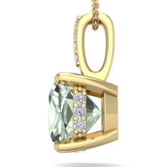 1 Carat Cushion Cut Green Amethyst and Hidden Halo Diamond Necklace In 14 Karat Yellow Gold, 18 Inches