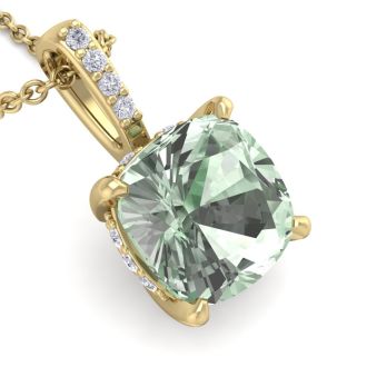 1 Carat Cushion Cut Green Amethyst and Hidden Halo Diamond Necklace In 14 Karat Yellow Gold, 18 Inches