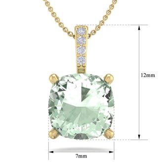 1 Carat Cushion Cut Green Amethyst and Hidden Halo Diamond Necklace In 14 Karat Yellow Gold, 18 Inches
