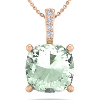 1 Carat Cushion Cut Green Amethyst and Hidden Halo Diamond Necklace In 14 Karat Rose Gold, 18 Inches