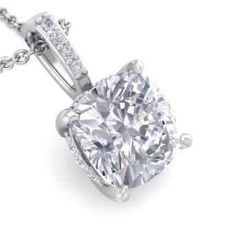 3/4 Carat Cushion Cut Hidden Halo Diamond Necklace In 14 Karat White Gold, 18 Inches