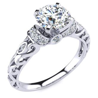 Moissanite Engagement Ring; 1 1/4 Carat Vintage Moissanite Engagement Ring In 14 Karat White Gold