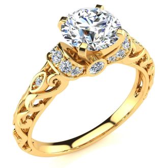 Moissanite Engagement Ring; 1 1/4 Carat Vintage Moissanite Engagement Ring In 14 Karat Yellow Gold