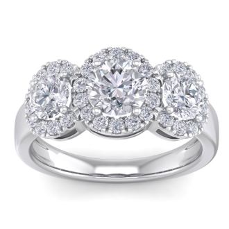 2 1/2 Carat Round Shape Halo Diamond Three Stone Ring In 14K White Gold