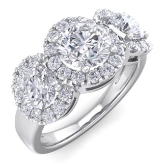 2 1/2 Carat Round Shape Halo Diamond Three Stone Ring In 14K White Gold