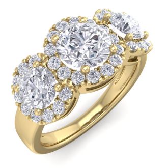 2 1/2 Carat Round Shape Halo Diamond Three Stone Ring In 14K Yellow Gold