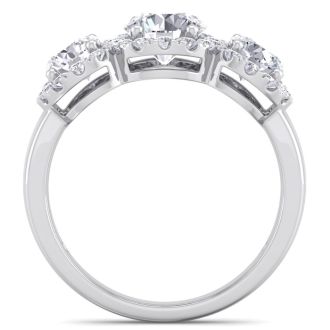 2 1/2 Carat Round Shape Halo Diamond Three Stone Ring In 14K White Gold. Incredible Value For A Large Fiery Diamond Ring