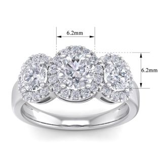 2 1/2 Carat Round Shape Halo Diamond Three Stone Ring In 14K White Gold. Incredible Value For A Large Fiery Diamond Ring