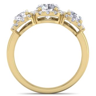 2 1/2 Carat Round Shape Halo Diamond Three Stone Ring In 14K Yellow Gold. Incredible Value For A Large Fiery Diamond Ring