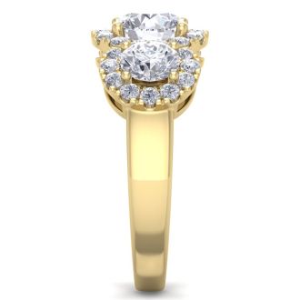 2 1/2 Carat Round Shape Halo Diamond Three Stone Ring In 14K Yellow Gold. Incredible Value For A Large Fiery Diamond Ring