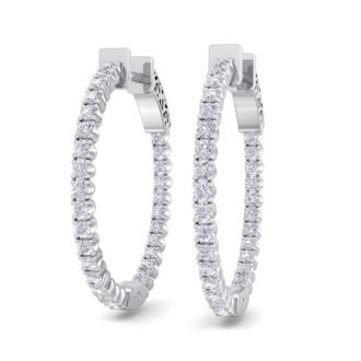 1 Carat Diamond Hoop Earrings In 14 Karat White Gold, 3/4 Inch