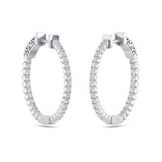 1 Carat Diamond Hoop Earrings In 14 Karat White Gold, 3/4 Inch