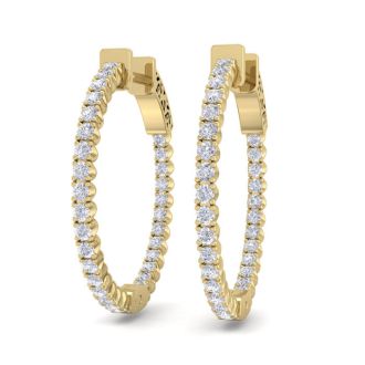 1 Carat Diamond Hoop Earrings In 14 Karat Yellow Gold, 3/4 Inch