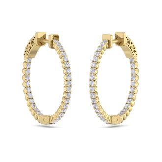 1 Carat Diamond Hoop Earrings In 14 Karat Yellow Gold, 3/4 Inch