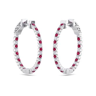 1 Carat Ruby and Diamond Hoop Earrings In 14 Karat White Gold, 3/4 Inch