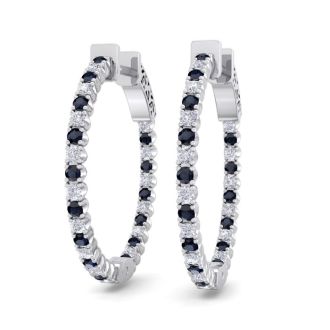 1 Carat Sapphire and Diamond Hoop Earrings In 14 Karat White Gold, 3/4 Inch