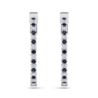1 Carat Sapphire and Diamond Hoop Earrings In 14 Karat White Gold, 3/4 Inch