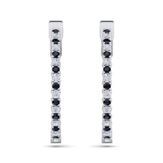 1 Carat Sapphire and Diamond Hoop Earrings In 14 Karat White Gold, 3/4 Inch