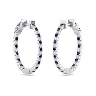 1 Carat Sapphire and Diamond Hoop Earrings In 14 Karat White Gold, 3/4 Inch