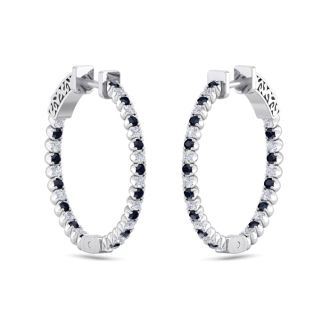 1 Carat Sapphire and Diamond Hoop Earrings In 14 Karat White Gold, 3/4 Inch