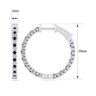 1 Carat Sapphire and Diamond Hoop Earrings In 14 Karat White Gold, 3/4 Inch