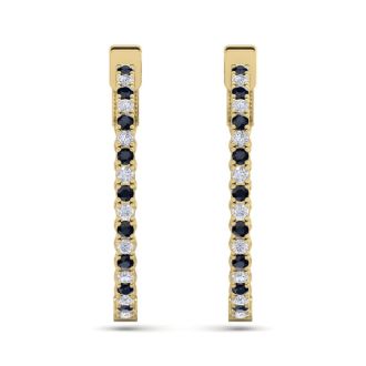 1 Carat Sapphire and Diamond Hoop Earrings In 14 Karat Yellow Gold, 3/4 Inch