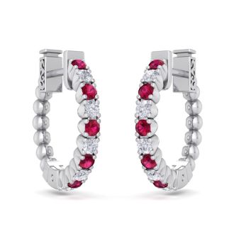 1/2 Carat Ruby and Diamond Hoop Earrings In 14 Karat White Gold, 1/2 Inch