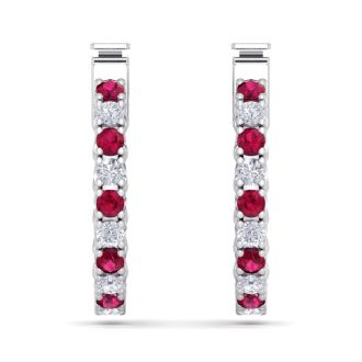 1/2 Carat Ruby and Diamond Hoop Earrings In 14 Karat White Gold, 1/2 Inch