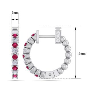 1/2 Carat Ruby and Diamond Hoop Earrings In 14 Karat White Gold, 1/2 Inch