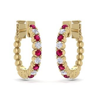 1/2 Carat Ruby and Diamond Hoop Earrings In 14 Karat Yellow Gold, 1/2 Inch