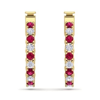 1/2 Carat Ruby and Diamond Hoop Earrings In 14 Karat Yellow Gold, 1/2 Inch