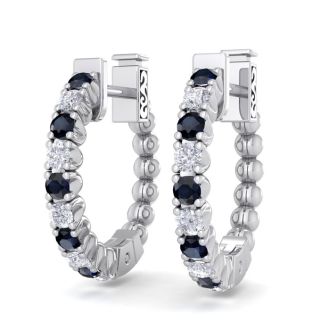 1/2 Carat Sapphire and Diamond Hoop Earrings In 14 Karat White Gold, 1/2 Inch