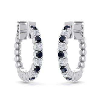 1/2 Carat Sapphire and Diamond Hoop Earrings In 14 Karat White Gold, 1/2 Inch