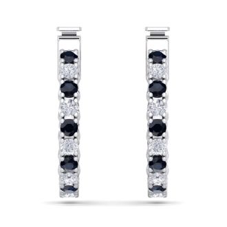 1/2 Carat Sapphire and Diamond Hoop Earrings In 14 Karat White Gold, 1/2 Inch