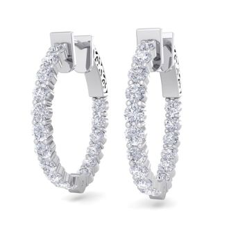 2 Carat Diamond Hoop Earrings In 14 Karat White Gold, 3/4 Inch