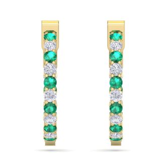 2 Carat Emerald and Diamond Hoop Earrings In 14 Karat Yellow Gold, 3/4 Inch