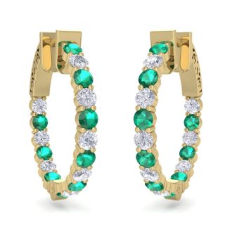 2 Carat Emerald and Diamond Hoop Earrings In 14 Karat Yellow Gold, 3/4 Inch
