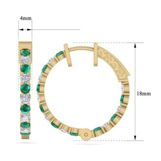 2 Carat Emerald and Diamond Hoop Earrings In 14 Karat Yellow Gold, 3/4 Inch