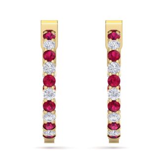 2 Carat Ruby and Diamond Hoop Earrings In 14 Karat Yellow Gold, 3/4 Inch