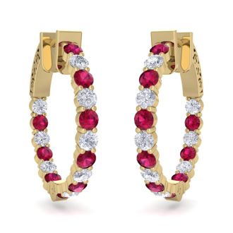 2 Carat Ruby and Diamond Hoop Earrings In 14 Karat Yellow Gold, 3/4 Inch